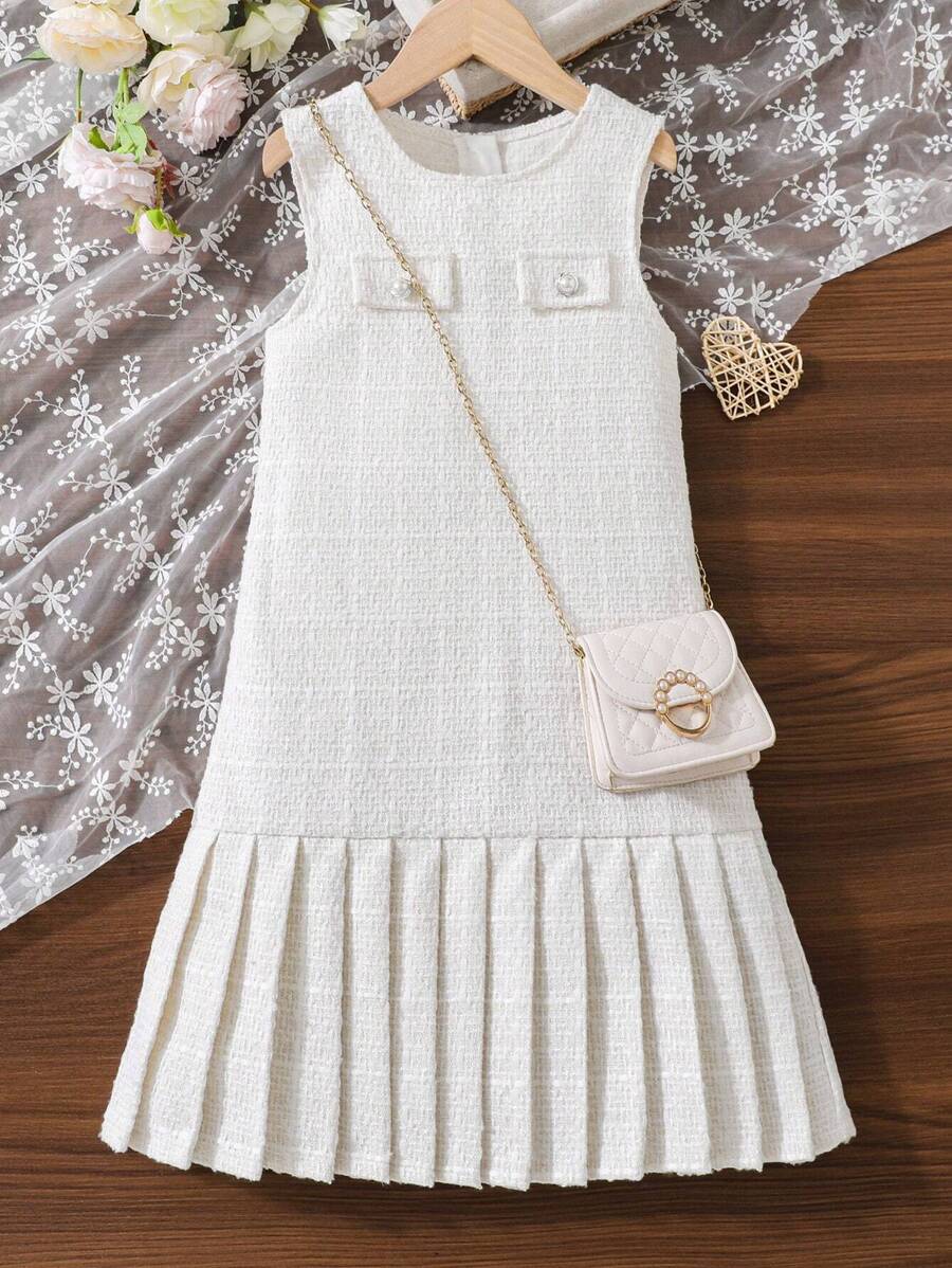 SHEIN Vestido sin mangas elegante con dobladillo plisado en estilo ligero y fragante para niña preadolescente