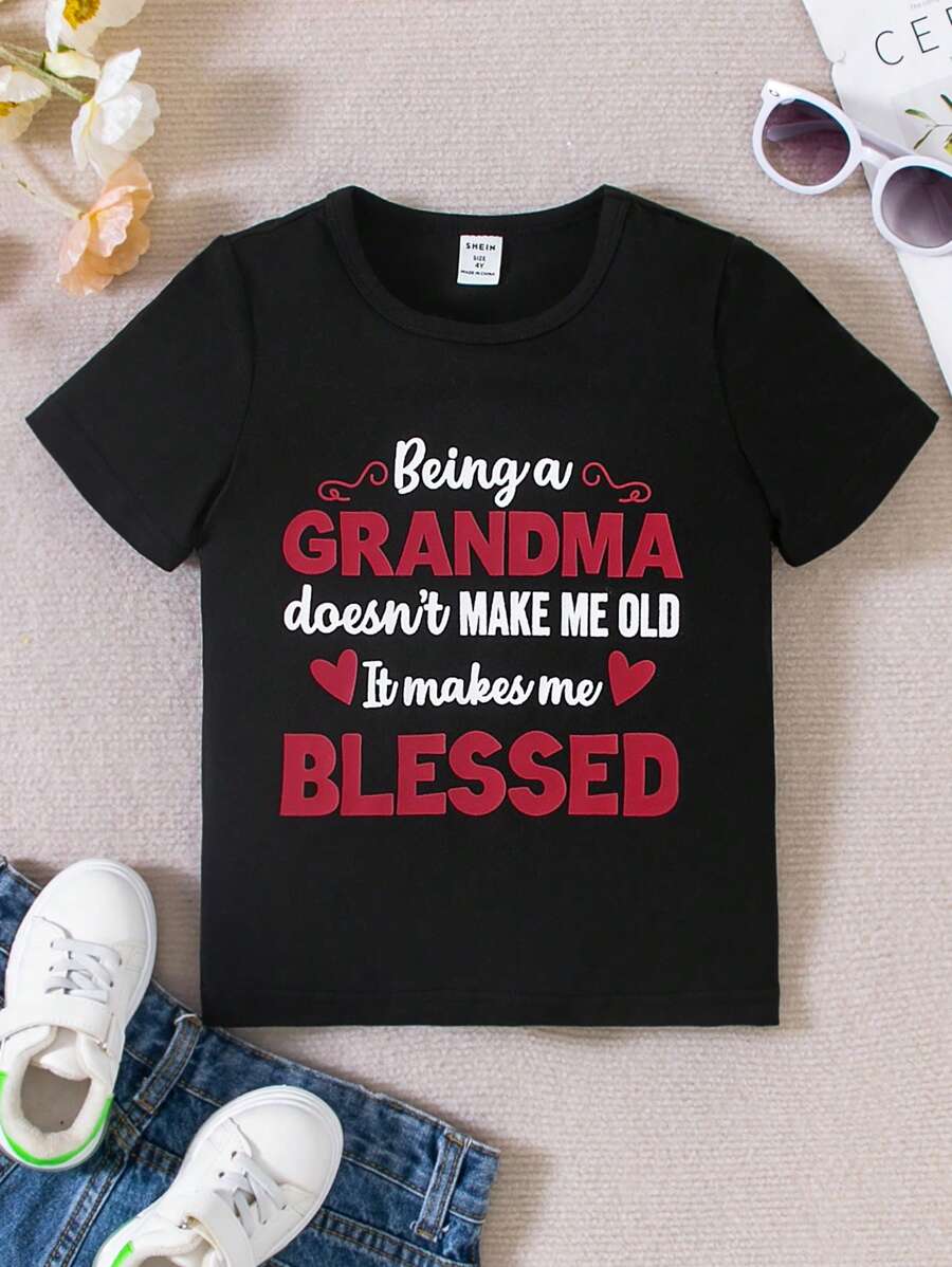 SHEIN Little Girls' Letter Print Short Sleeve T-shirt