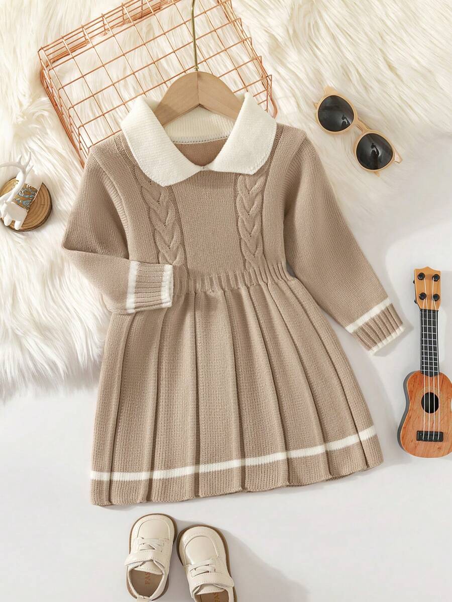 Baby Girls' Pleated Cable Knitted Sweater Dress For Winter