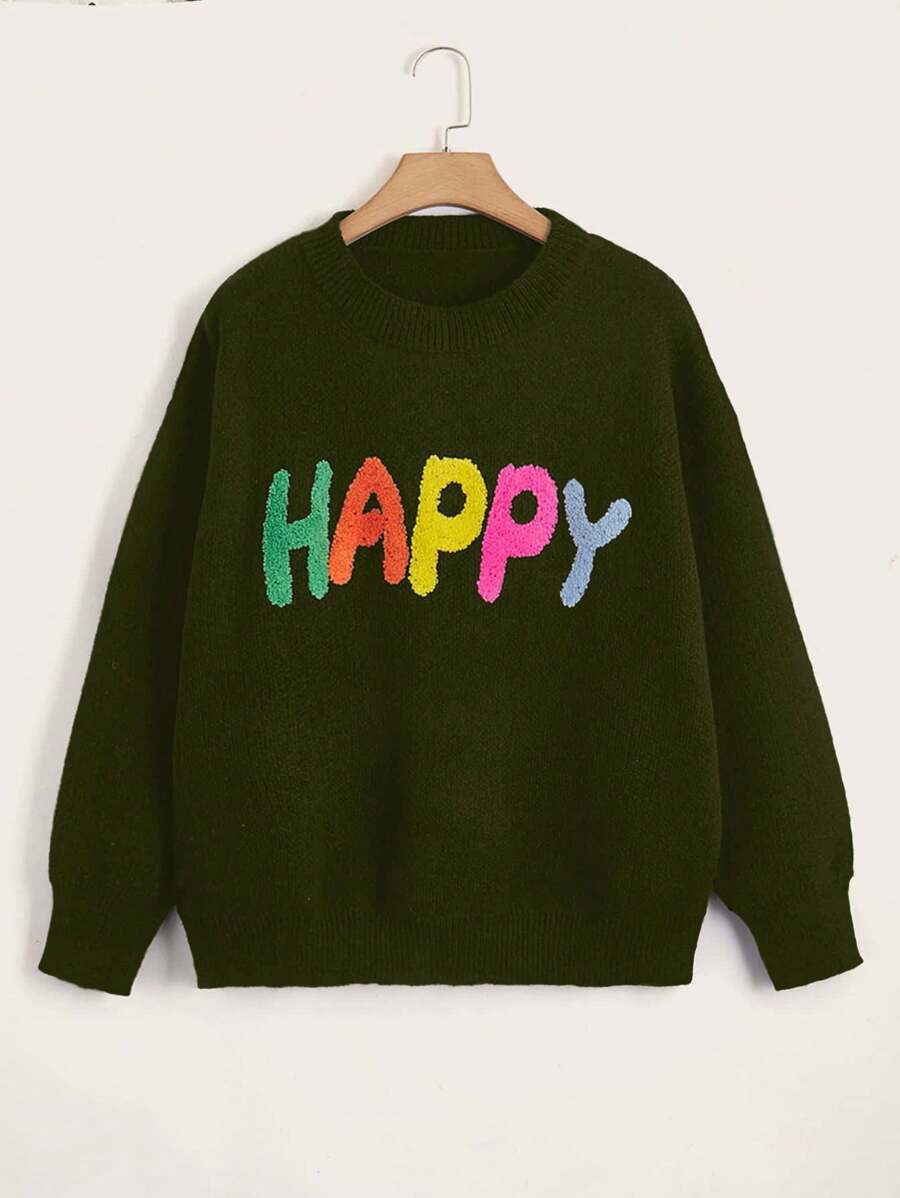 Flirla Plus Size Women's Colorful Letter Print Towel Sleeve Round Neck Sweater