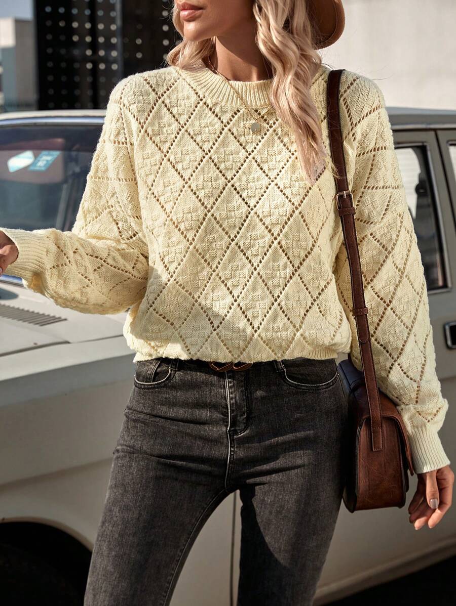 Calvaya Solid Drop Shoulder Pointelle Knit Sweater