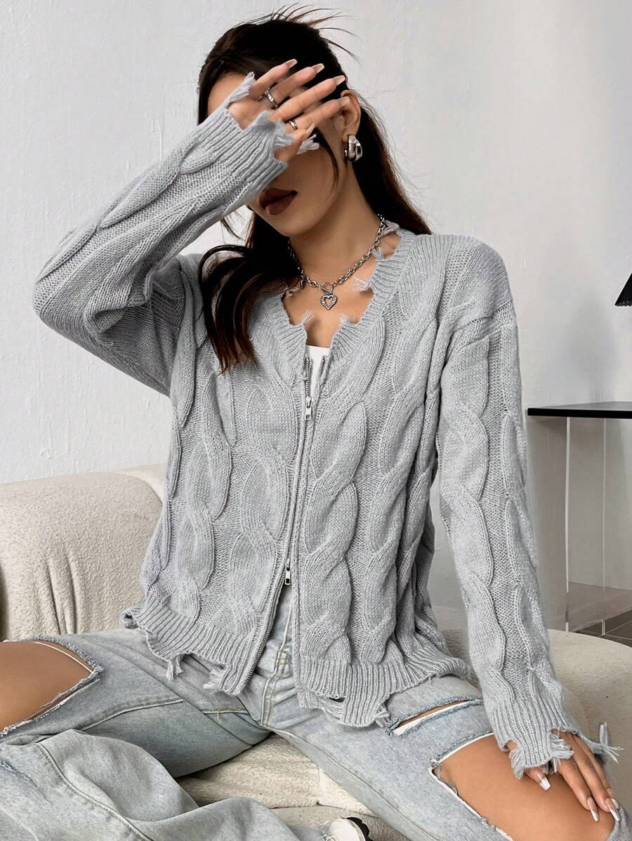 Flirla Damski Jednolity Oversized Zamek z przodu Rozpinane Swetry Z Opuszczane ramiona