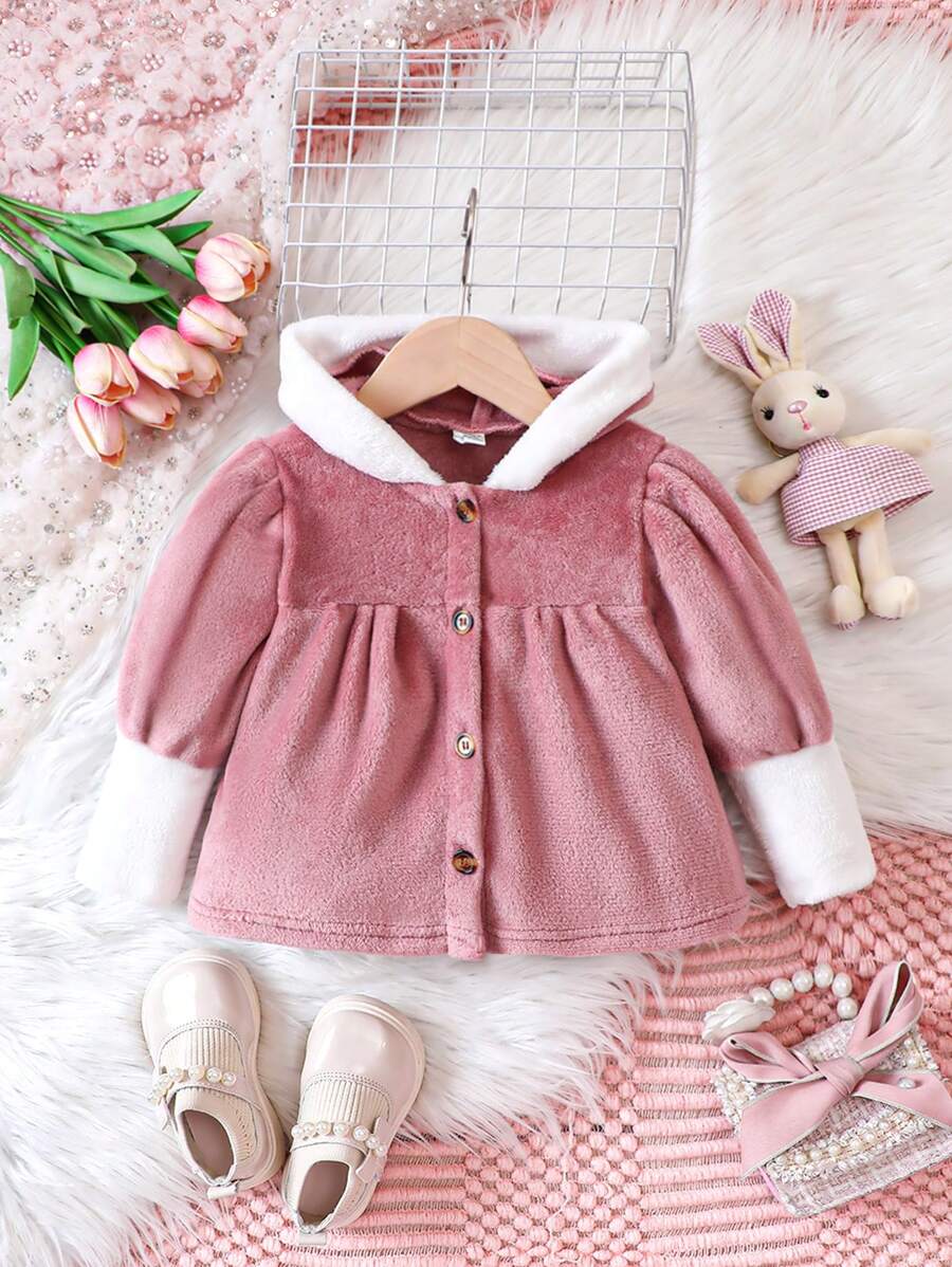 Baby Girls' Color Block Plush Rabbit Ear Hooded Coat