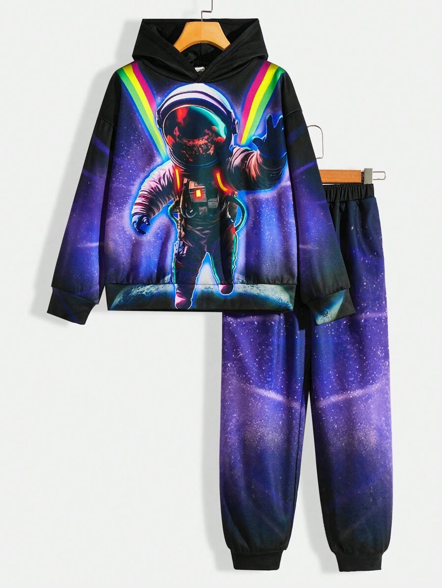 SHEIN Conjunto Informal Para Niños Sudadera Con Capucha Y Pantalones De Punto Con Elementos Espaciales Impresos