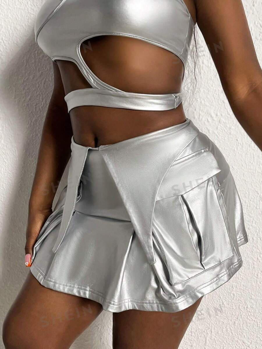 Slaydiva Falda De Carga De Color Metálico Para Mujer