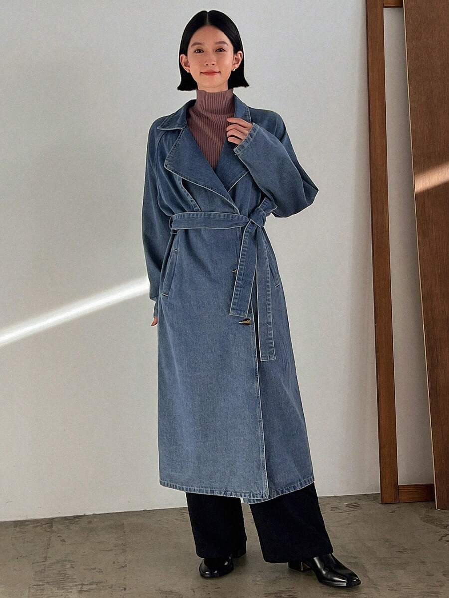 FRIFUL Women's Long Denim Jacket With Waist Belt