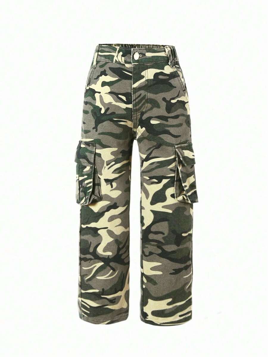 Calça Jeans Retas Cargo de Cintura Elástica Camuflagem Urbana de Rua Y2K para Jovens com Bolsos Lisos