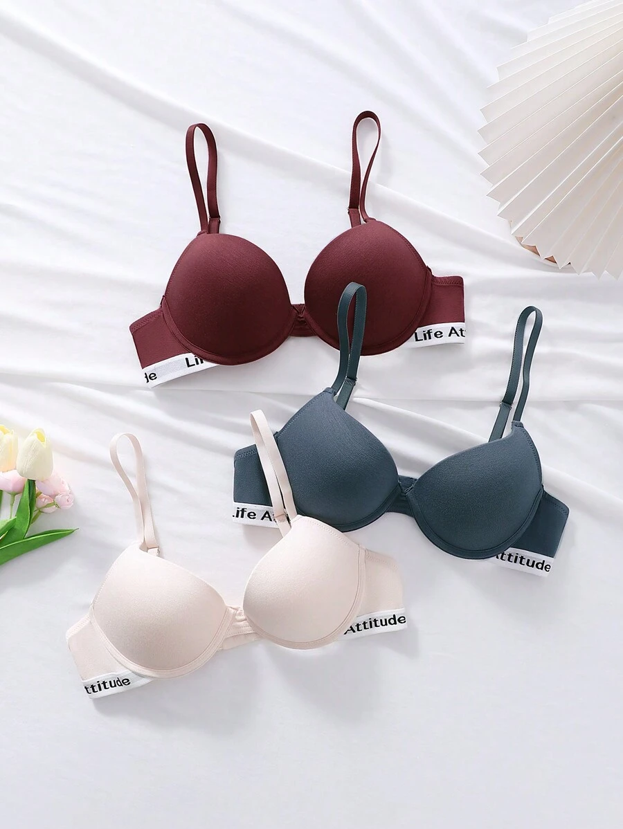 Shein Underwear&Sleepwear Basics Conjunto de 3 piezas de sujetadores deportivos con aros y tirantes con letras impresas y efecto push-up