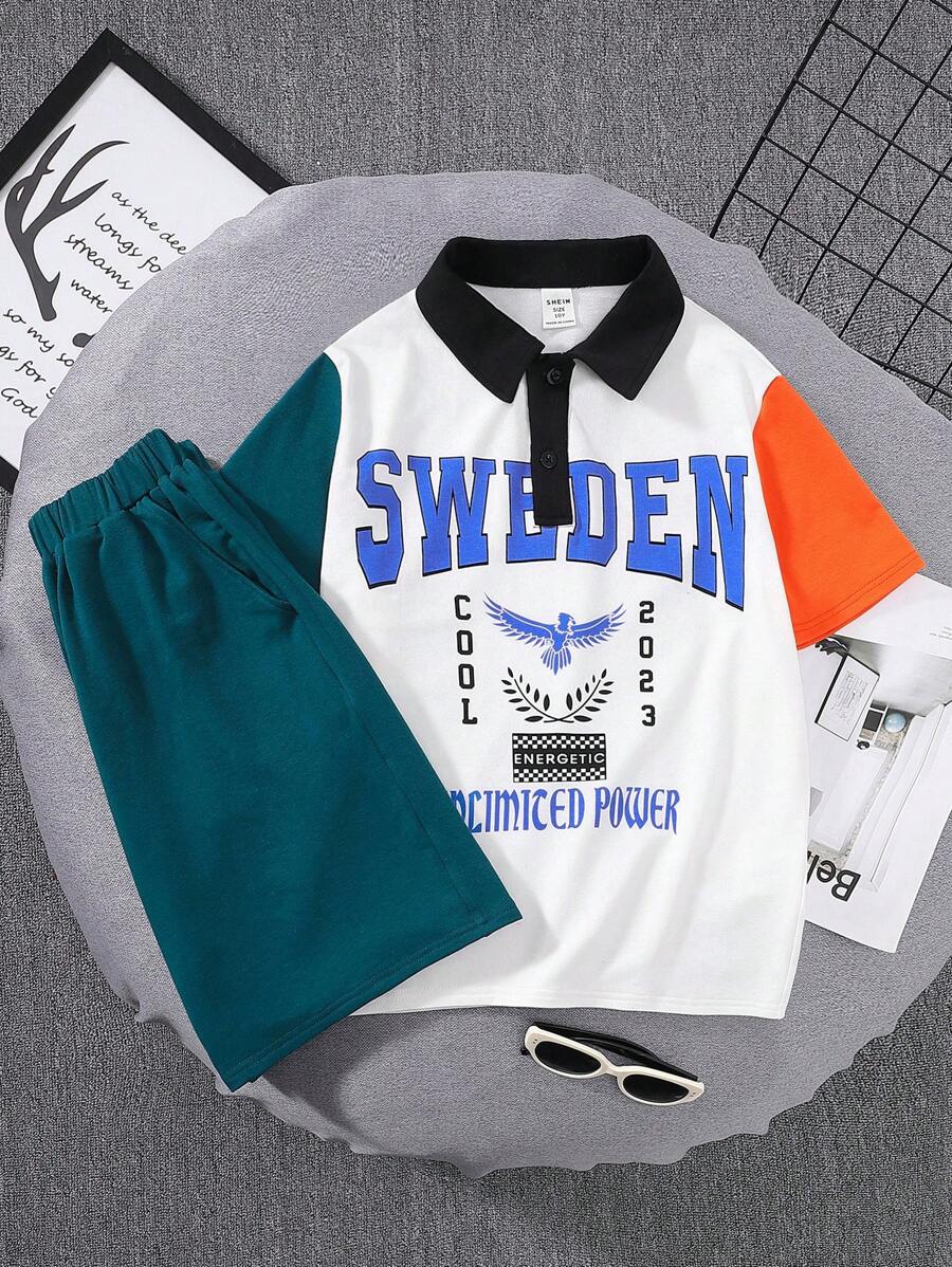 SHEIN Tween Boys' Two-Piece Set Of Contrasting Pattern Lapel Polo Shirt And Shorts