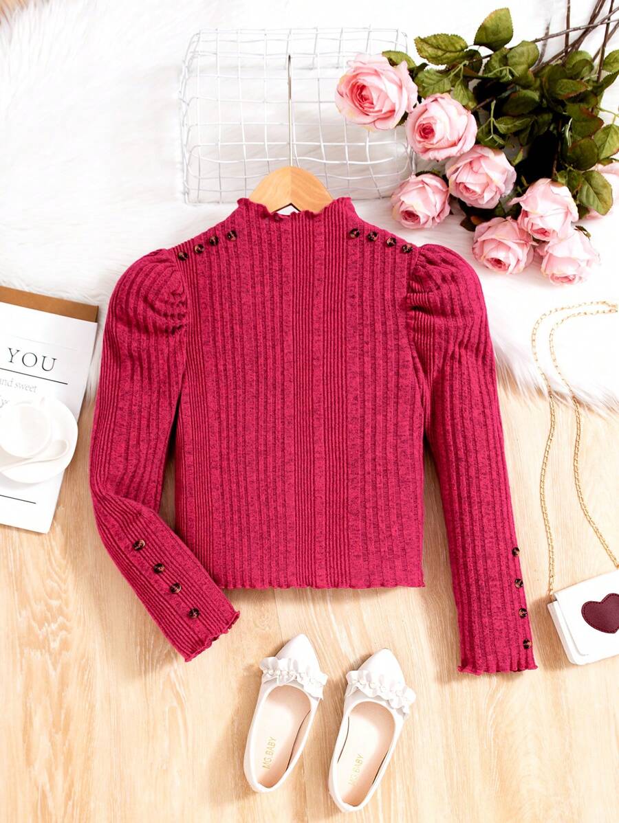 SHEIN Girls' High-neck Puff Sleeve T-shirt With Unique Design For Spring