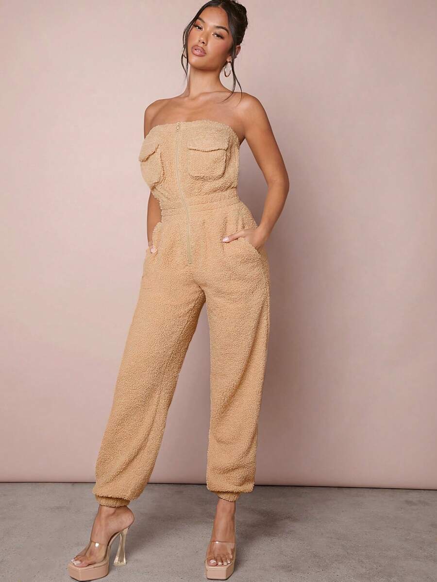SHEIN Unity Jumpsuit met klepzak, teddybuis, ritssluiting en schuine zakken