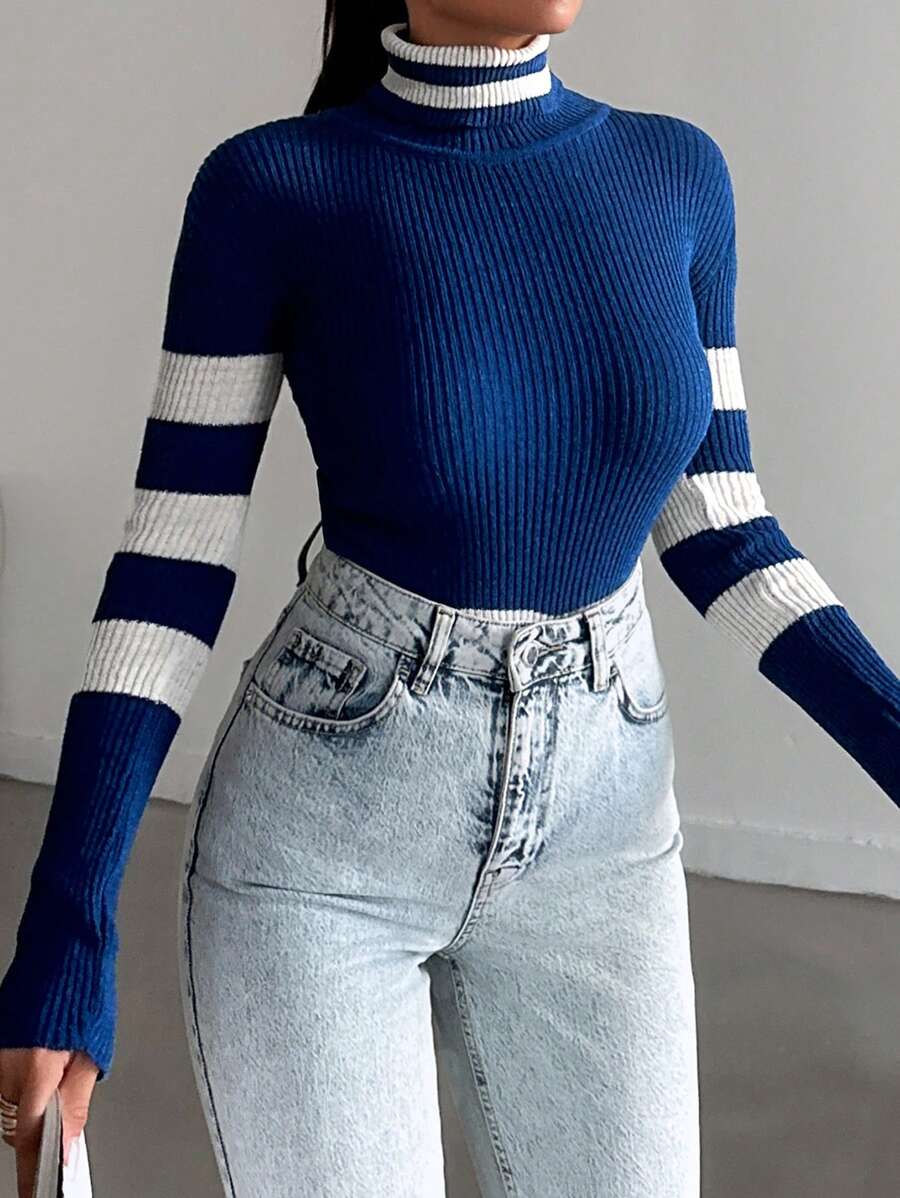 SHEIN Striped Pattern Turtleneck Sweater