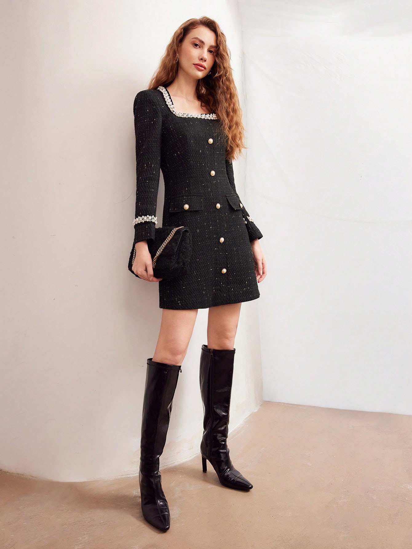 EMBELLISHED TWEED DRESS｜Motf