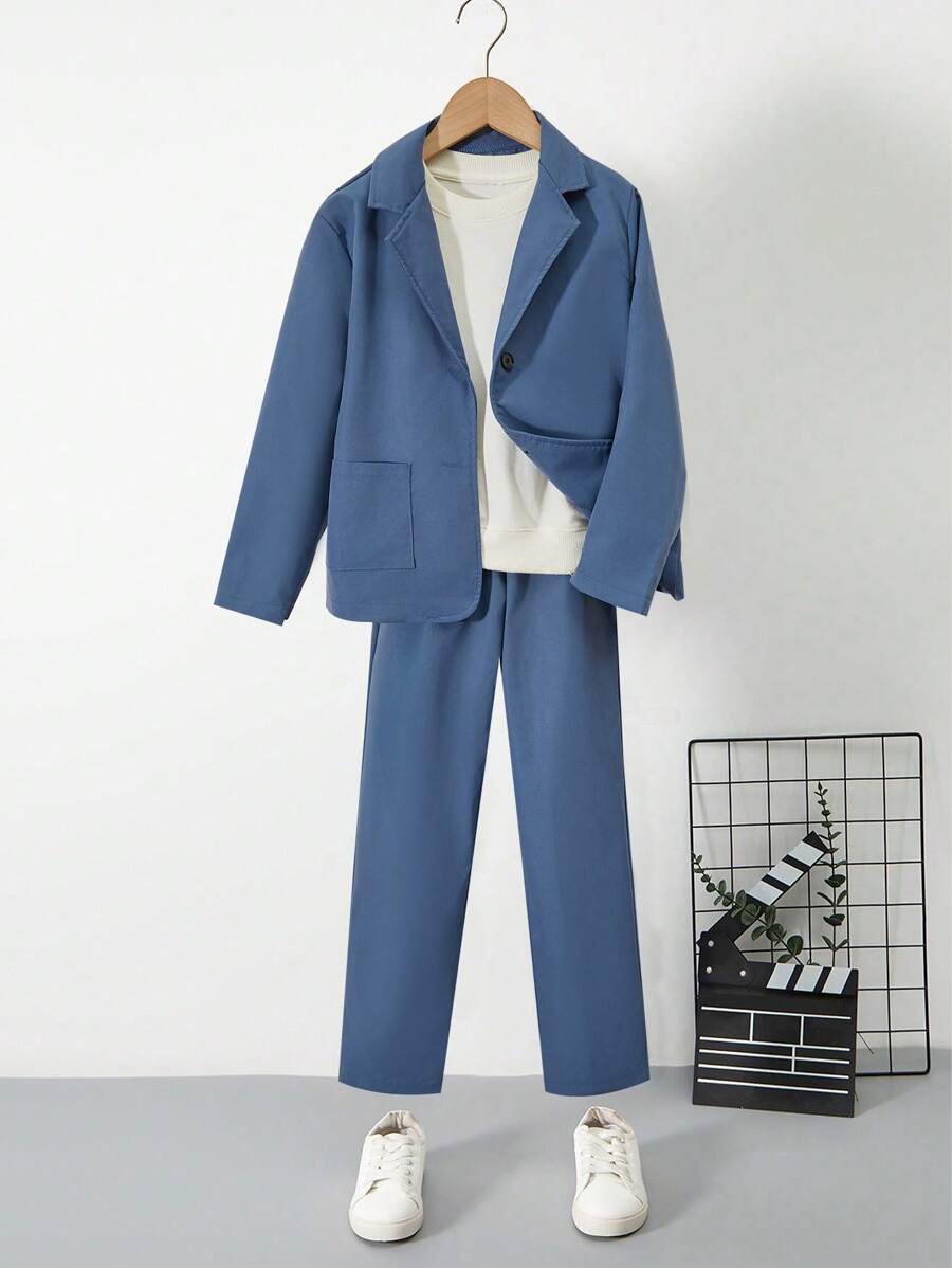 SHEIN Tween Boy 2pcs/Set Formal Casual Suit With Long Pants, Suitable For Job Interview, Wedding And Other Formal Occasions, The Set Does Not Include A T-Shirt