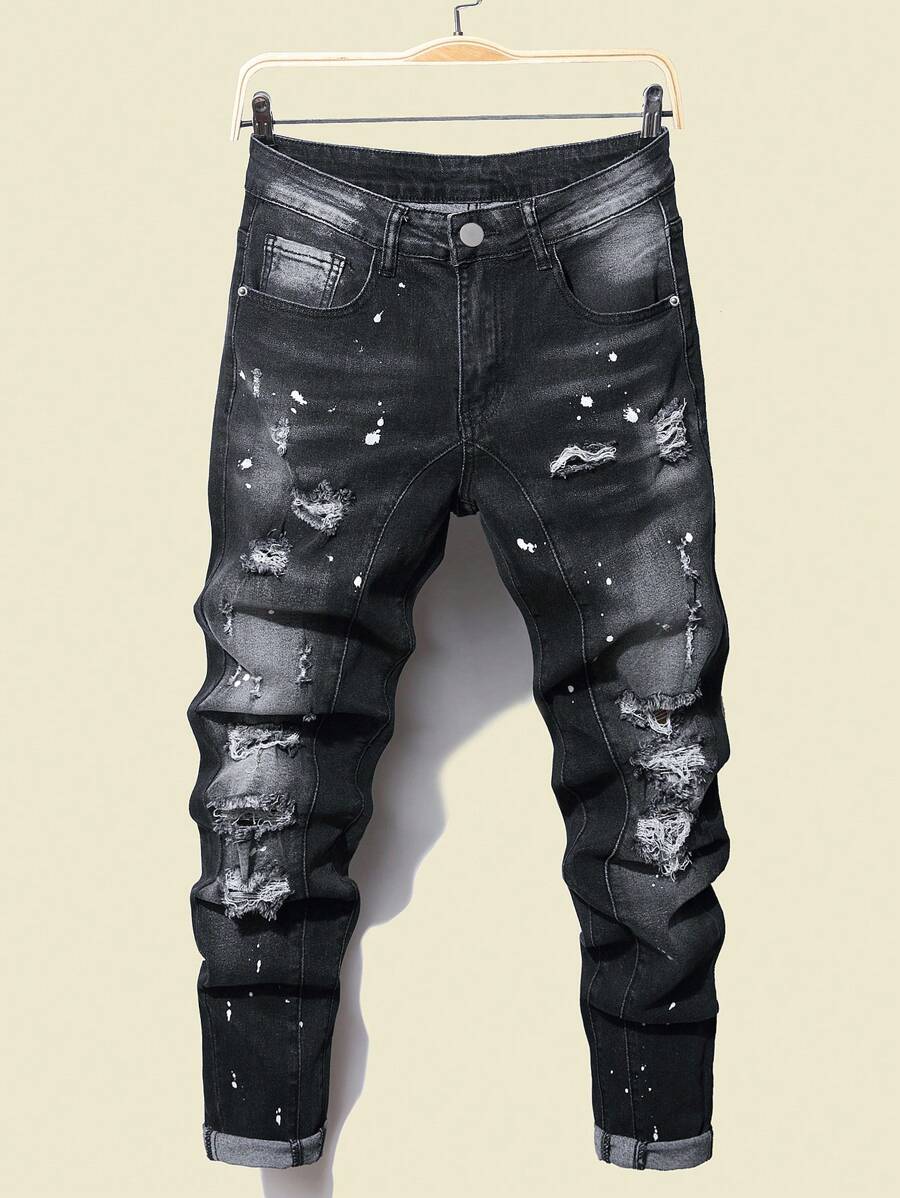 Manfinity Homme Men's Plus Size Distressed Denim Jeans With Washed Effect Slim Fit Long Ripped Frayed Jean Cargo Plain Dark Grey Party Fashion