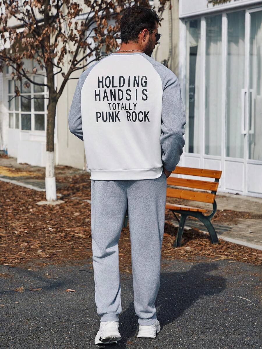 Manfinity Homme Ensemble De Survêtement À Manches Longues Imprimé Slogan Et Pantalon Jogger Pour Hommes De Grande Taille
