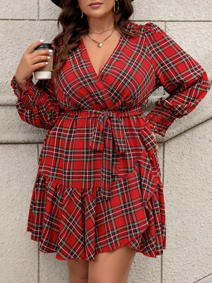 Calvaya Women's Plus Size Plaid Ruffle Hem Belted Dress For New Year Clothes
