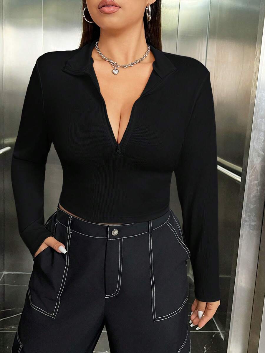 SHEIN EZwear Camiseta De Manga Larga Con Cuello Vuelto Y Talla Grande Para Mujer