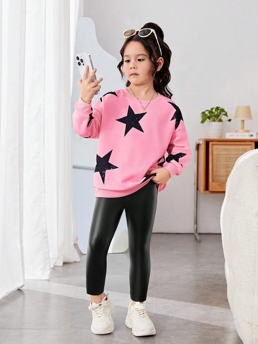 SHEIN 2pcs/Set Young Girl Sporty And Sweet Love Print Printed Knitted Round Neck Sweatshirt With Leggings, Buy 1 Get 1 Free, Great For Casual & Daily Wear & School Daily In Spring And Autumn,Valentine's Day,Mom And Daughter Matching,Sister And Me Matching