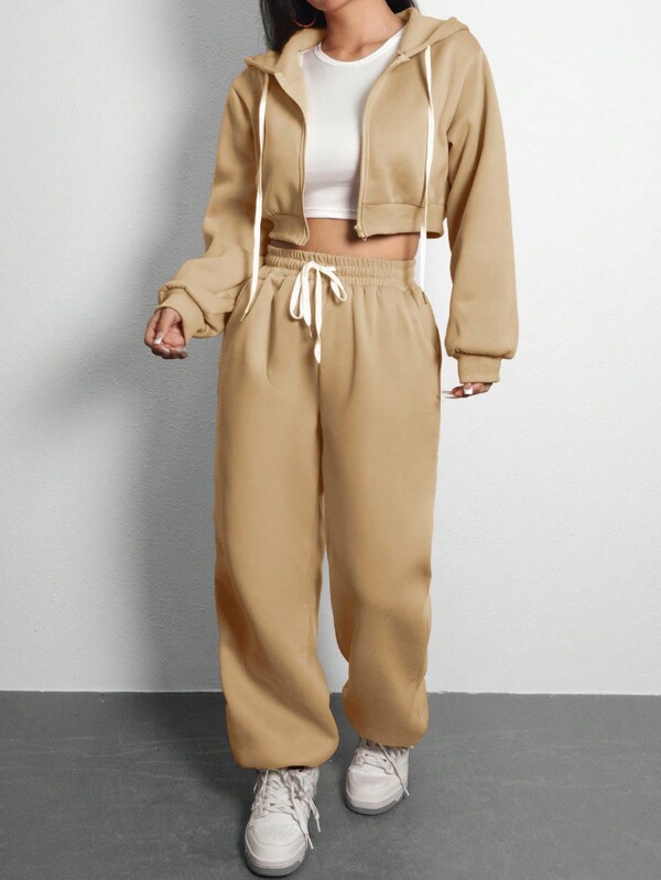 Women's Monochrome Hooded Sweatshirt And Sweatpants Set With Drawstring