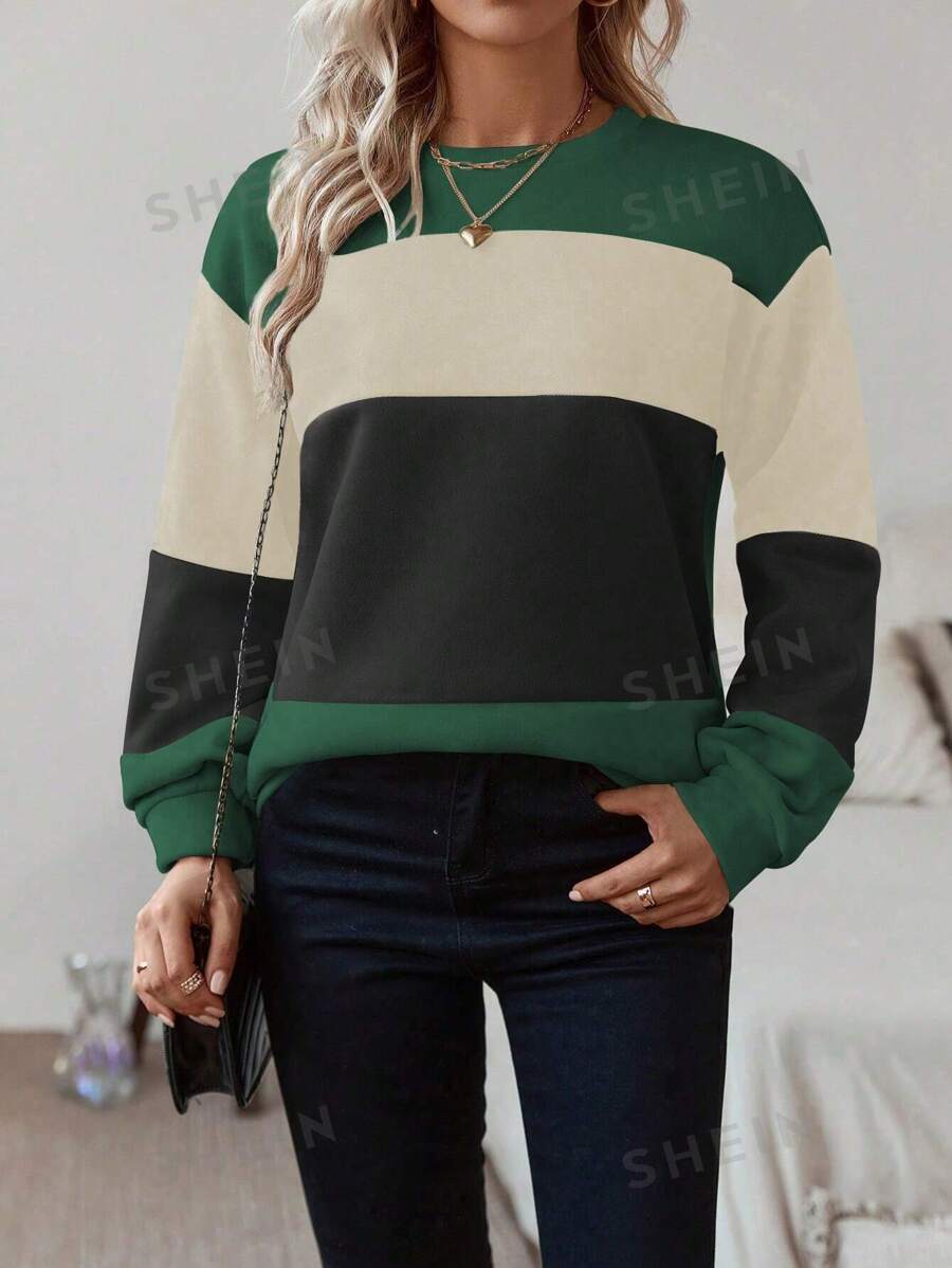 SHEIN LUNE Sudadera Con Cuello Redondo De Hombro Caído Y Bloques De Color Para Mujer