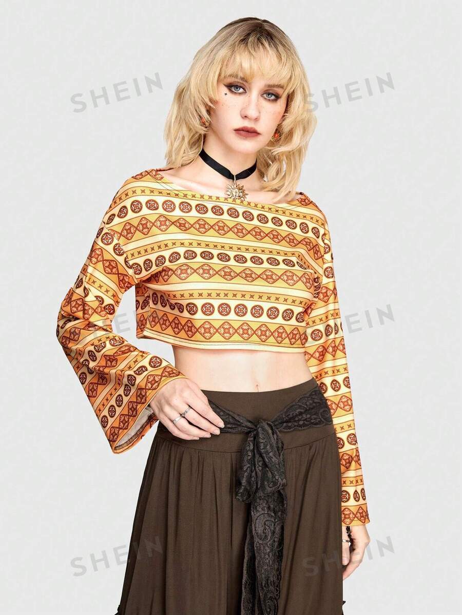 ROMWE Hippie Geometrisches Muster Glockenärmel-t-shirt Für Frauen