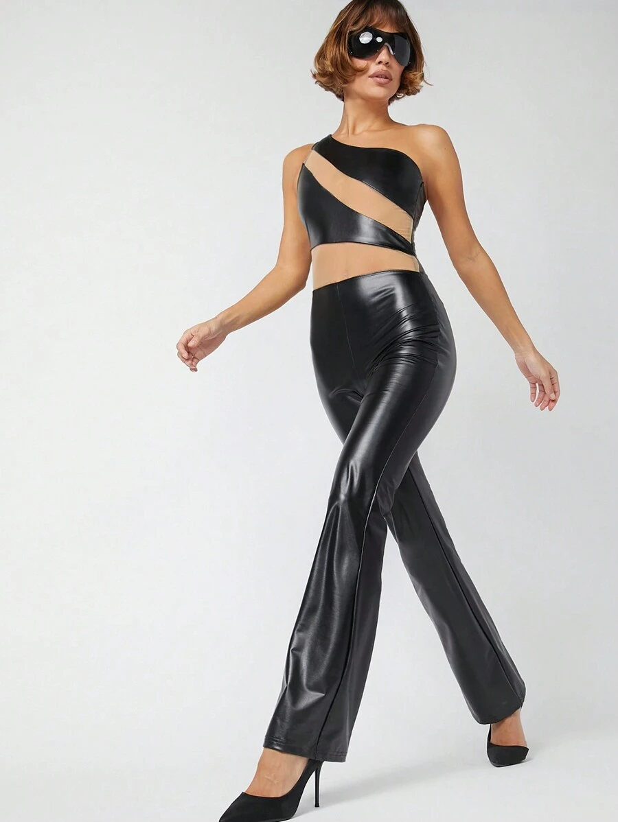 Hauture Eén schouder Doorschijnend PU Jumpsuits