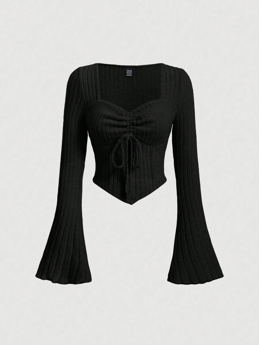 SHEIN MOD Black Bell Sleeves Drawstring Texture Women's Long Sleeve T-Shirt With Asymmetric Hemline