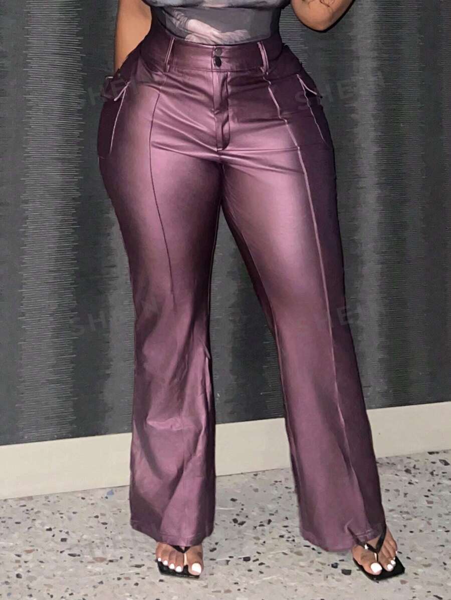 Slaydiva Pantalones PU De Color Sólido De Talla Grande