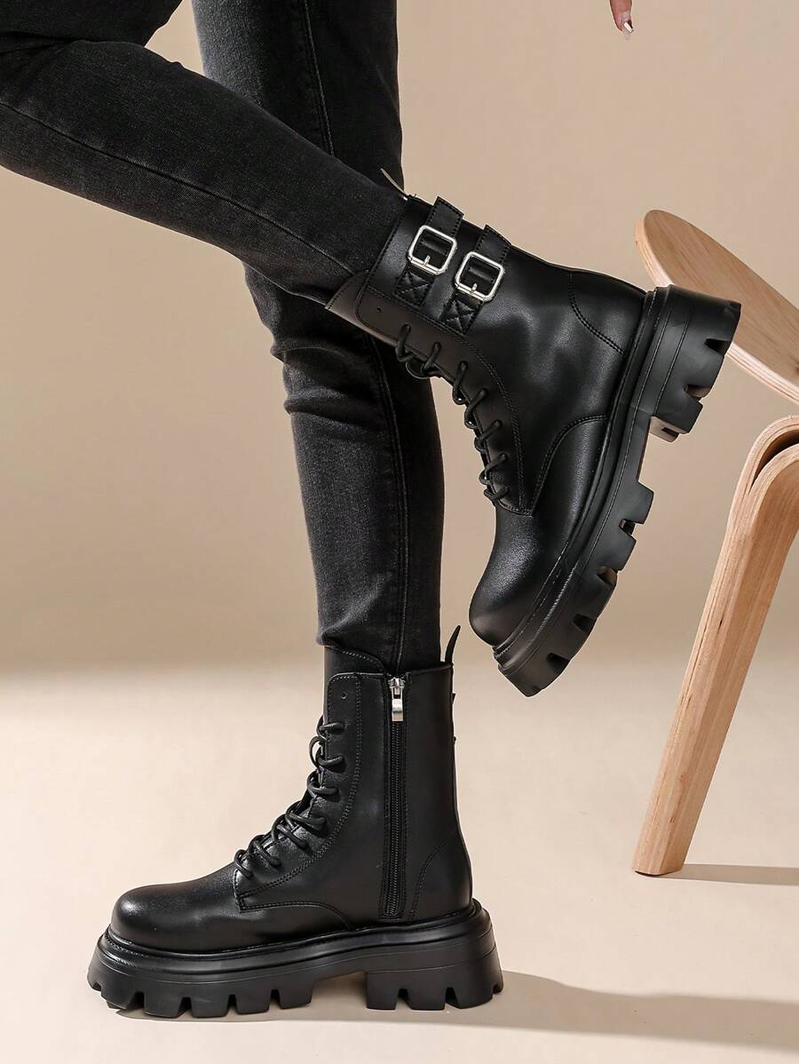 Women Casual Lace-Up Black Boots, Versatile, Lightweight, Comfortable And Convenient For Outdoor Wear