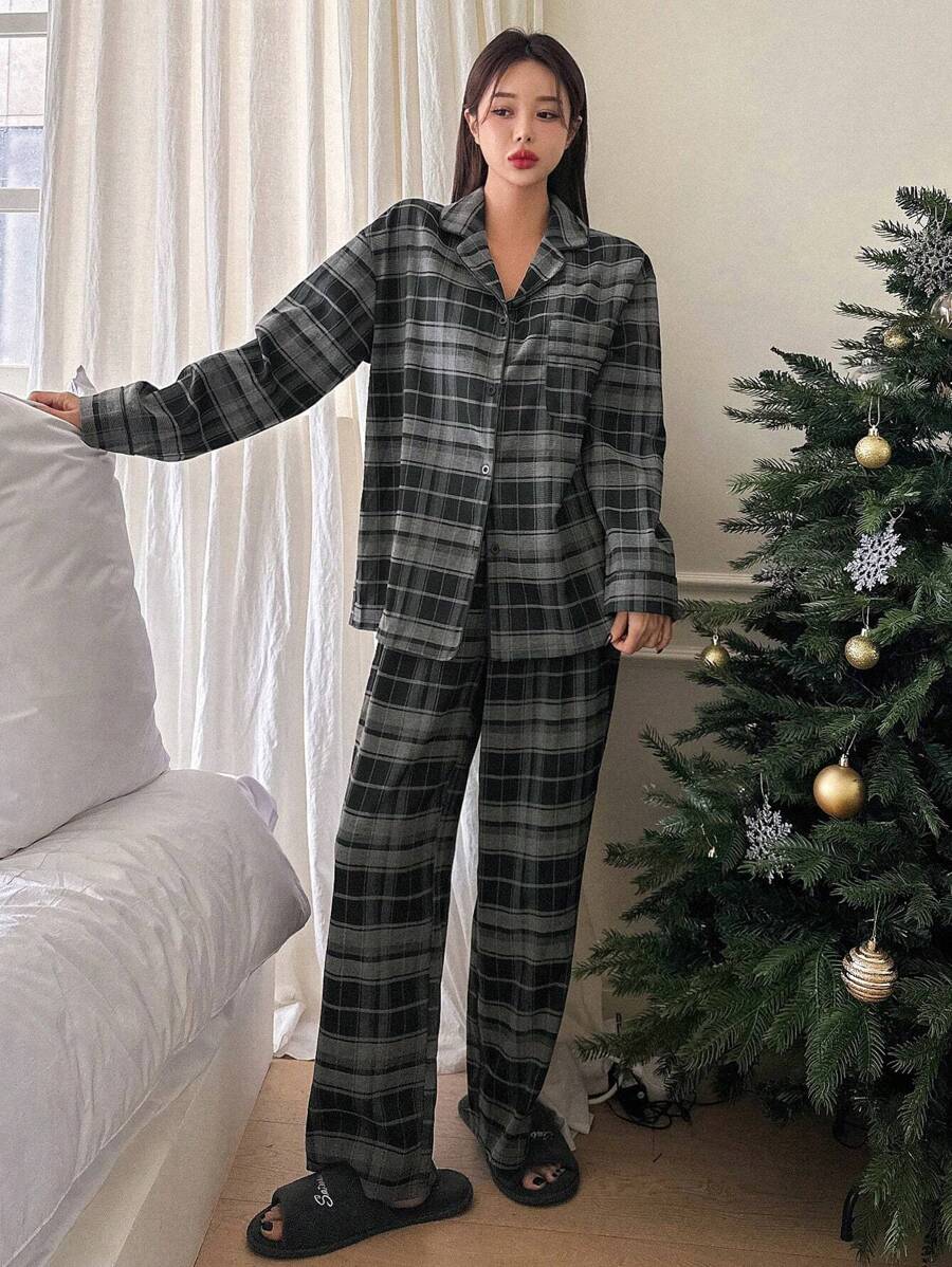 DAZY Women's Plaid Shirt And Long Pants Pajama Set