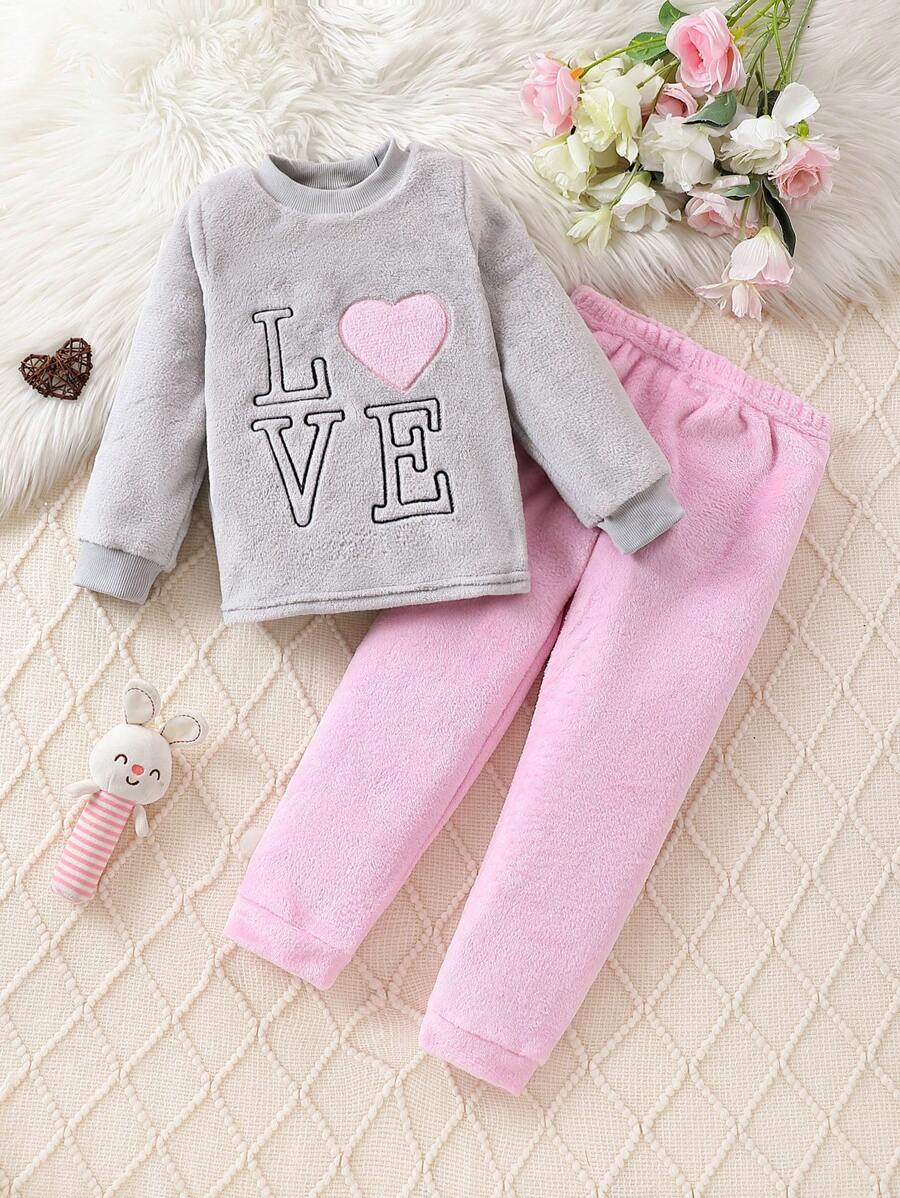 Toddler Girls' Letter & Heart Embroidery Coral Fleece Pajama Set