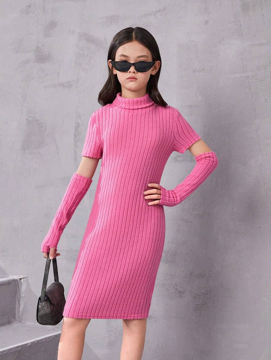 Tween Girl Daily Sweet & Cool Solid Color Knit Short Sleeve Dress With