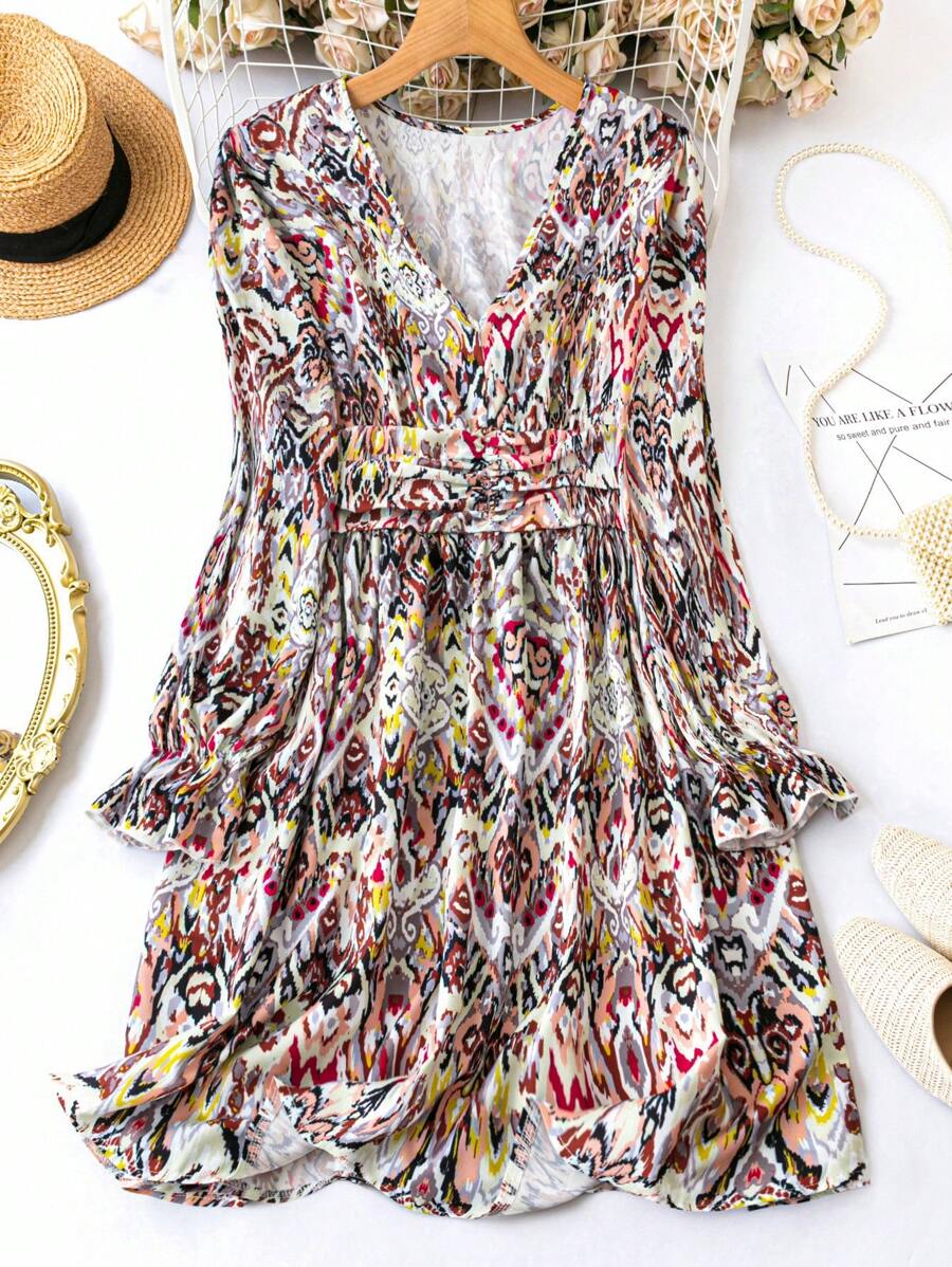SHEIN LUNE Abito Con Maniche Volant Con Scollo A V Stampato Floreale Taglie Forti