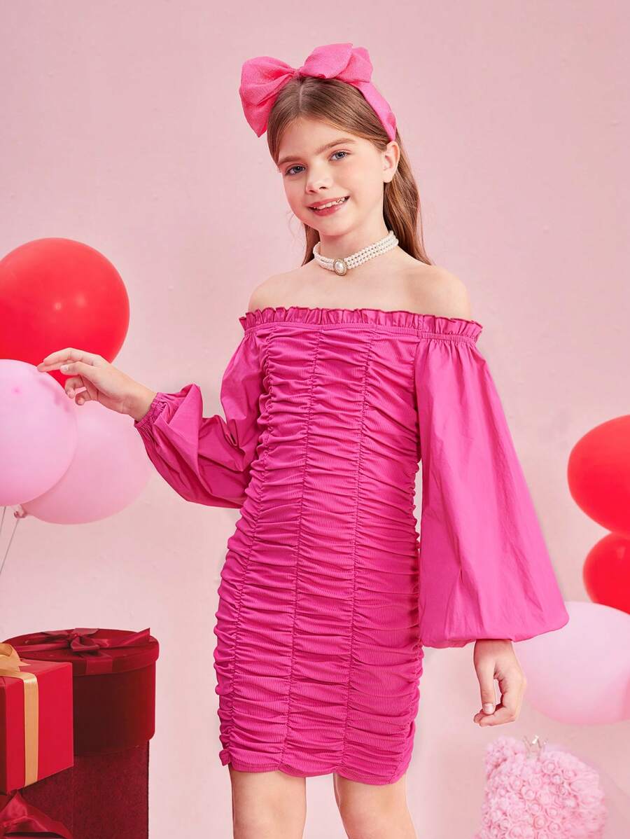 SHEIN Tween Girls' Knitted Solid Color Off Shoulder Dress With Ruched For Elegant Look