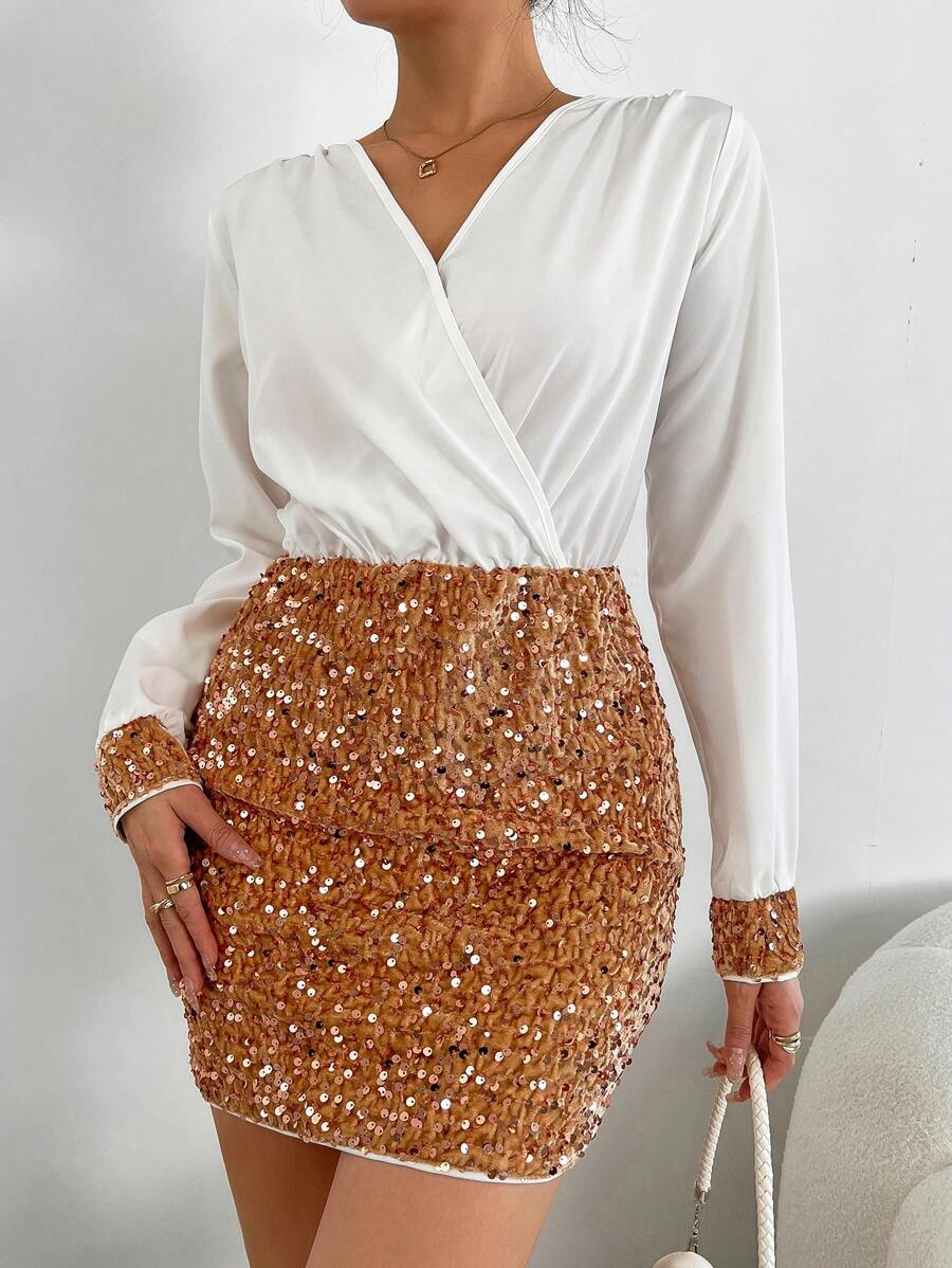 SHEIN PETITE Patchwork Sparkly V-Neck Long Sleeve Dress For Holiday Party Clothes Sequin Women Outfit