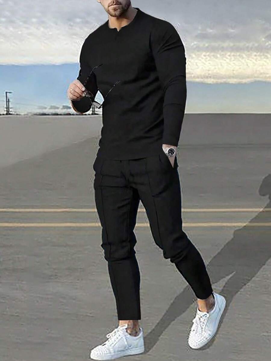 Manfinity Homme Conjunto de 2 piezas de pantalón y top de manga larga de unicolor para hombres, conjunto de chándal de salir para hombres