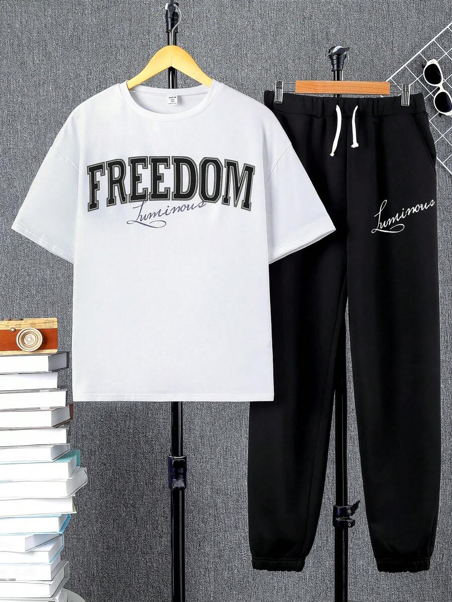 SHEIN Conjunto De Blusa Casual Solta De Manga Curta E Calças Compridas Para Meninos Adolescentes Com Padrão De Letras Em Inglês