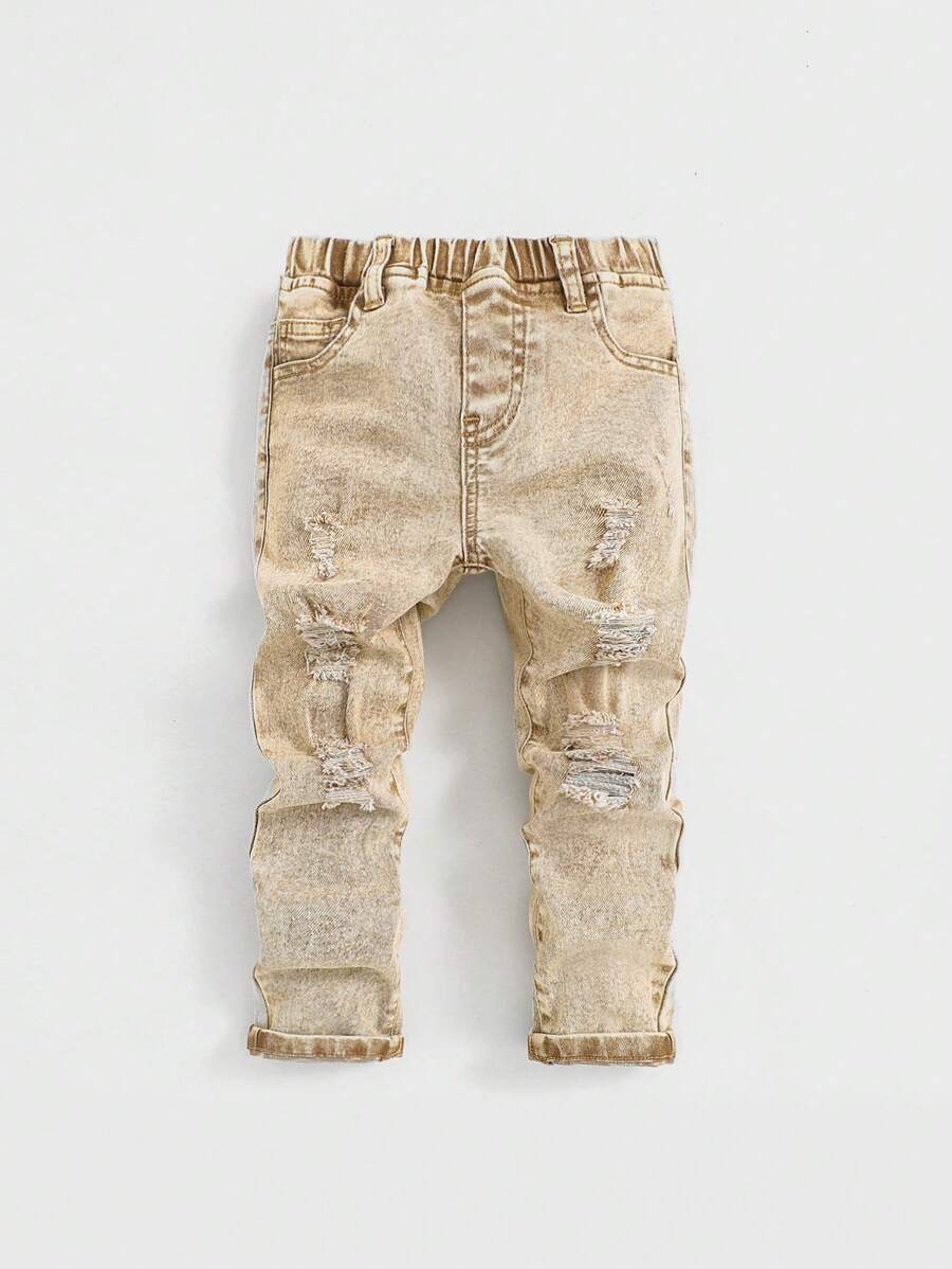 SHEIN Pantalones Vaqueros Rotos De Un Solo Color Para Niños