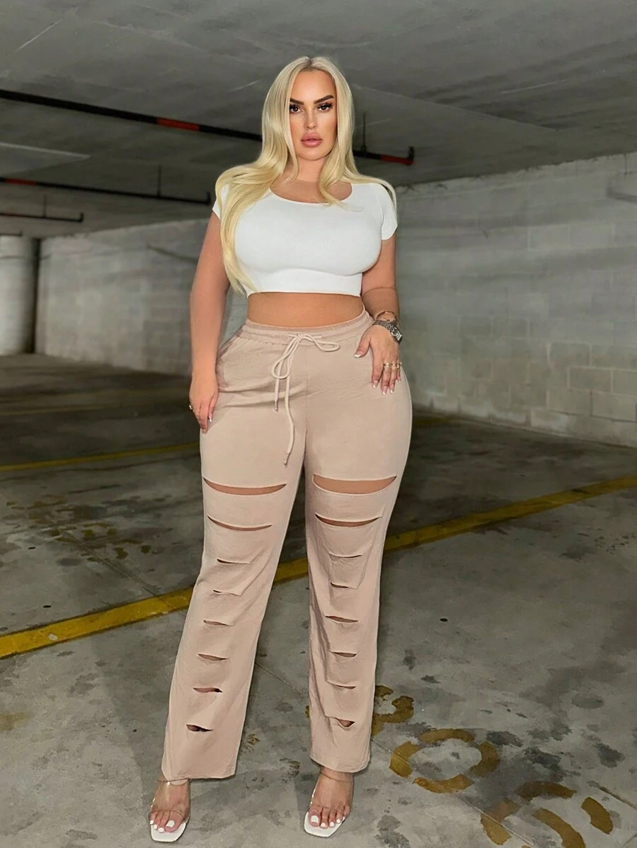 SHEIN SXY Women's Plus Size Drawstring Waist Hollow Out Pants