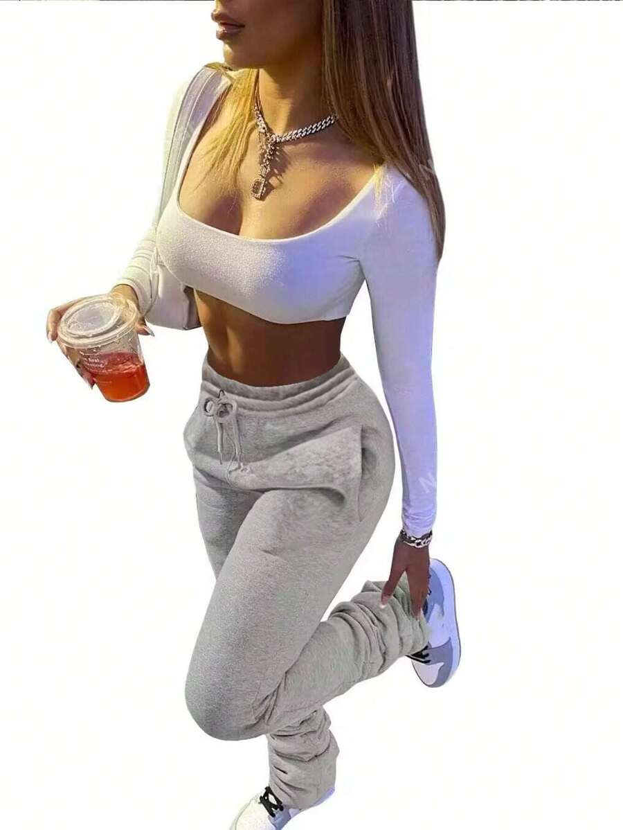 Pantalones deportivos de cintura con cordón, casuales, de unicolor y con bolsillos