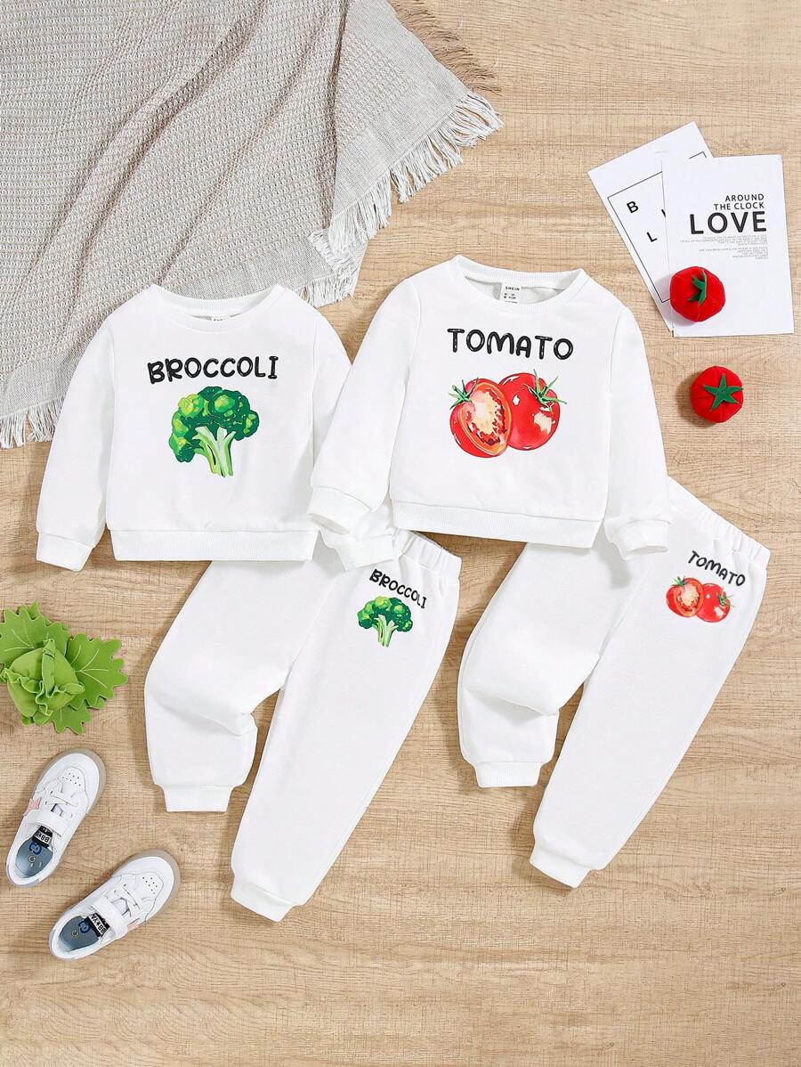 SHEIN Infant Girls' Casual Cute Vegetable Patterned Long Sleeve Sweatshirt And Pants 4pcs Set