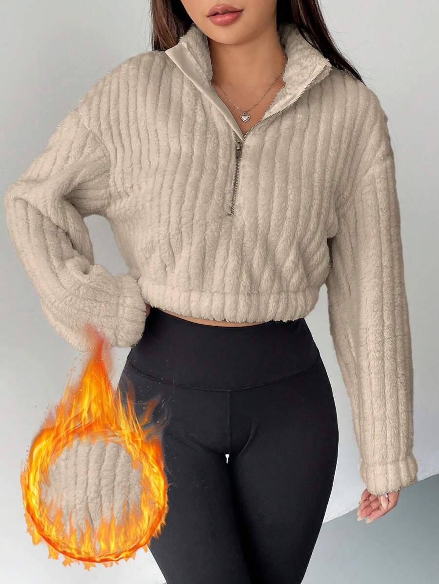SHEIN EZwear Sudadera corta de media cremallera con caída de hombros color caqui, blusas de manga larga