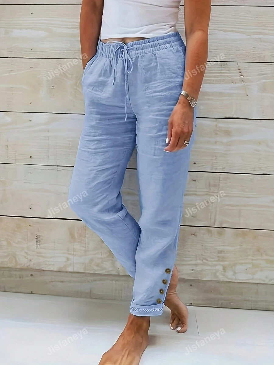 Pantalones de mujer de unicolor con detalles de botones y cintura con cordón