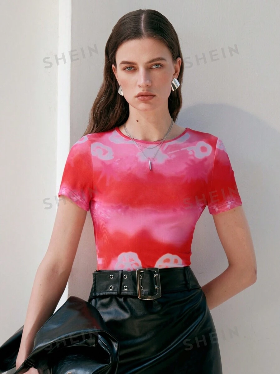 SHEIN MOOSTA Camiseta De Manga Corta Con Efecto Tie-dye Para Mujer