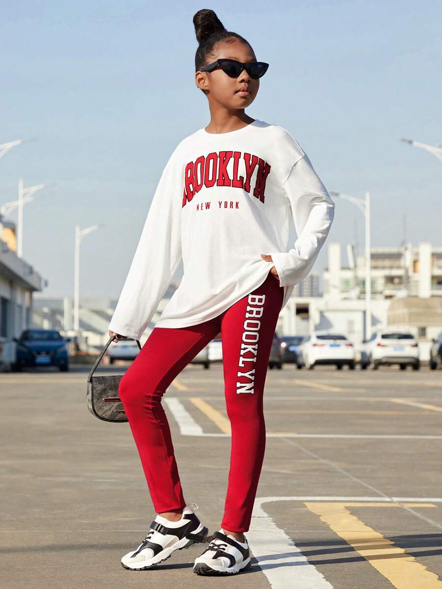 SHEIN Tween Girl Winter Warm Casual Letter Print Round Neck Sweatshirt And Pants Set