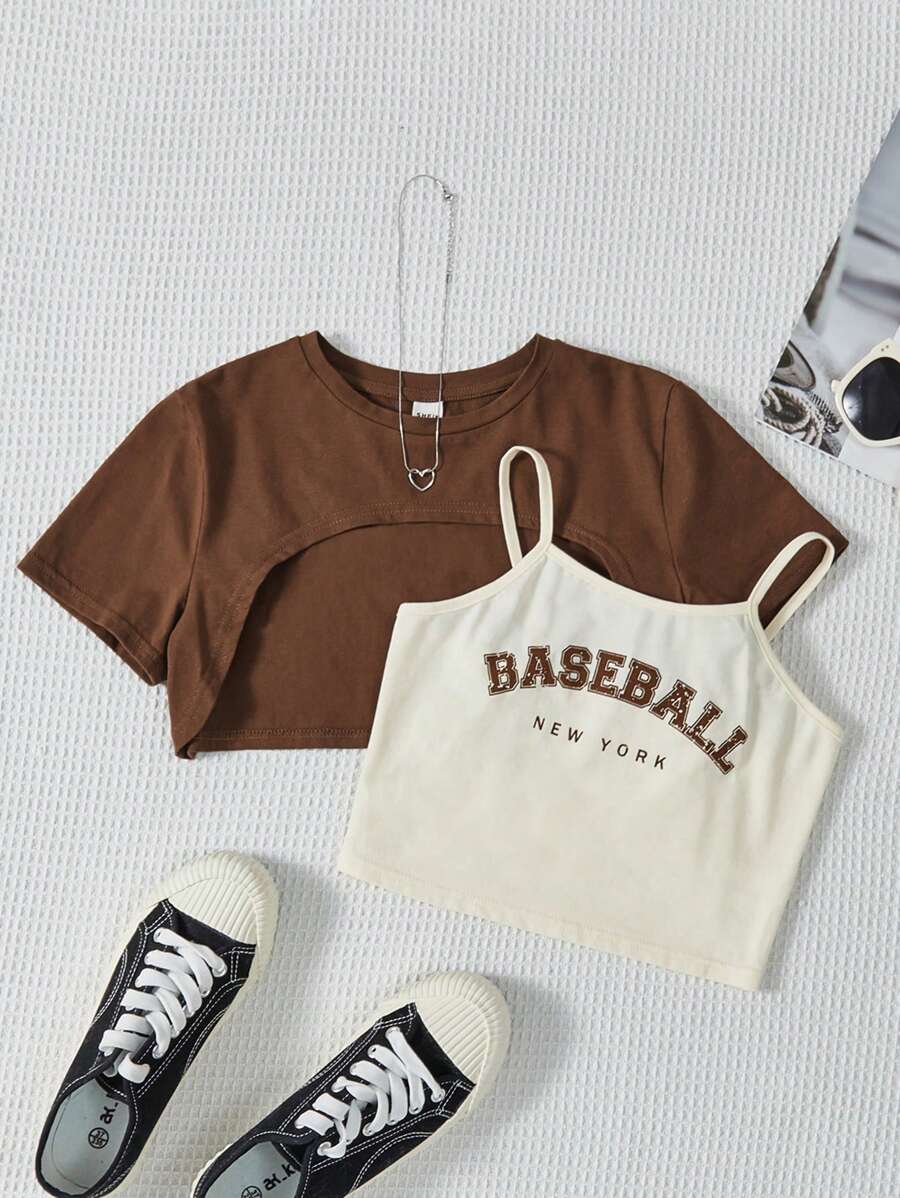 Meisjes In de mode Sportief brei Ronde hals Korte mouwen Tops En Cami Vest , 2 st./set