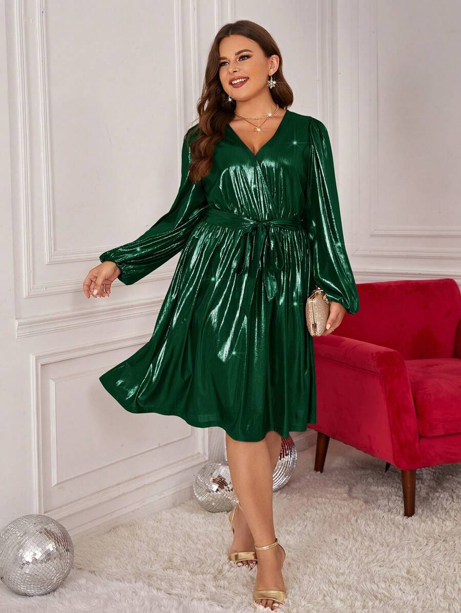 SHEIN Clasi Plus Size V-neck Lantern Sleeve Dress With Waist Belt