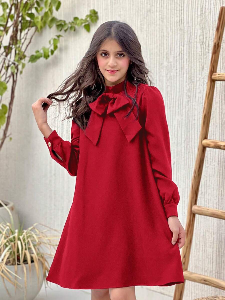 SHEIN Tween Girl Stand Collar Dress With Decorative Back Pleats And Buttons, Long Sleeve