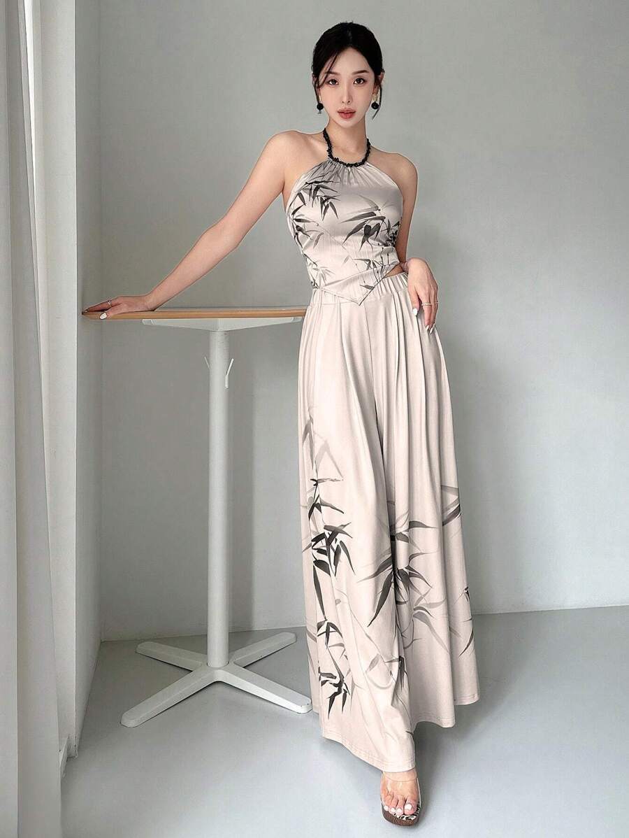 EastFlair Chinese Watercolor Bamboo Print Pleated Front Bead Chain Halter Neck Camisole Top, Suitable For Music Festival, Party, Valentine's Day, Date Night